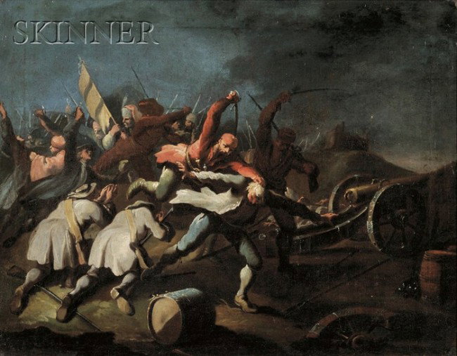 Continental School, 18th/19th Century Swordsmen St: Continental School, 18th/19th Century Swordsmen Storming an Artillery Line Unsigned. Oil on canvas, 20 7/8 x 26 3/4 in. (53.0 x 67.8 cm), framed. Condition: Lined, scattered paint losses, stable craqu