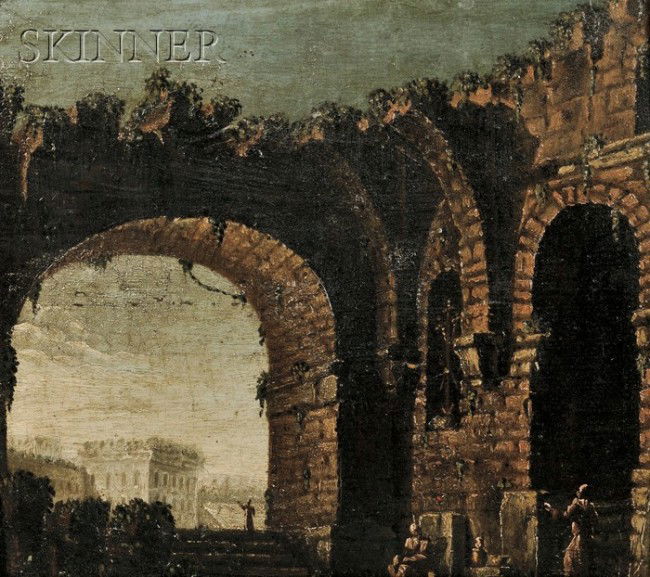 Manner of Hubert Robert (French, 1733-1808) Landsc: Manner of Hubert Robert (French, 1733-1808) Landscape with Ruins Unsigned. Oil on panel, 10 3/4 x 12 1/4 in. (27.1 x 31.0 cm), framed. Condition: Bowing to the support, craquelure, paint losses, surfa