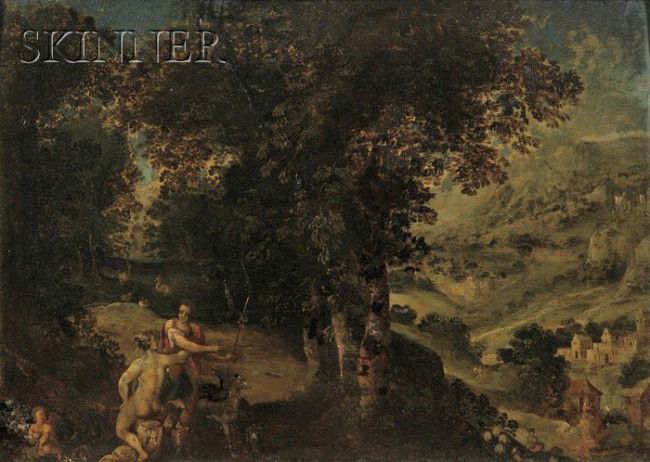 School of Hans Rottenhammer the Elder (German, 156: School of Hans Rottenhammer the Elder (German, 1564-1625) Venus and Adonis in a Landscape Unsigned, identified on a presentation plaque. Oil on panel, 12 1/2 x 17 3/4 in. (31.8 x 45.0 cm), framed. Con