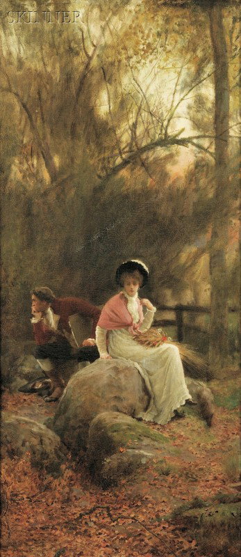 Marcus Stone (British, 1840-1921) A Lovers' Spat S: Marcus Stone (British, 1840-1921) A Lovers' Spat Signed "MARCUS STONE" l.l., inscribed "6432/R.A. 1884" on the reverse, with a label from The Pantechnicon, Helgrave Square, London, on the stretcher. O