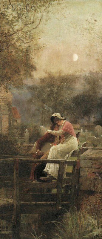 Marcus Stone (British, 1840-1921) Lovers Embracing: Marcus Stone (British, 1840-1921) Lovers Embracing by Moonlight Signed "...STONE" faintly l.l., inscribed "6431/ R.A. 1884" on the reverse, with a label from The Pantechnicon, Helgrave Square, London,