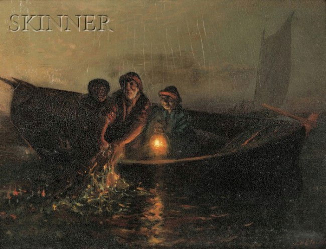 Lemuel D. Eldred (American, 1848-1921) Bringing in: Lemuel D. Eldred (American, 1848-1921) Bringing in the Nets Signed "L.D. Eldred" l.r., stamped and inscribed "THIS PAINTING WAS TREATED BY Gustav D. Klimann/ January 1979..." on the backing. Oil on ca