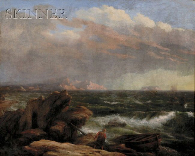 American School, 19th Century Marine View, 1850 Si: American School, 19th Century Marine View, 1850 Signed indistinctly l.l., identified as Thomas Birch on a presentation plaque, with a canvas stencil from W.E. Rogers, Philadelphia, on the reve