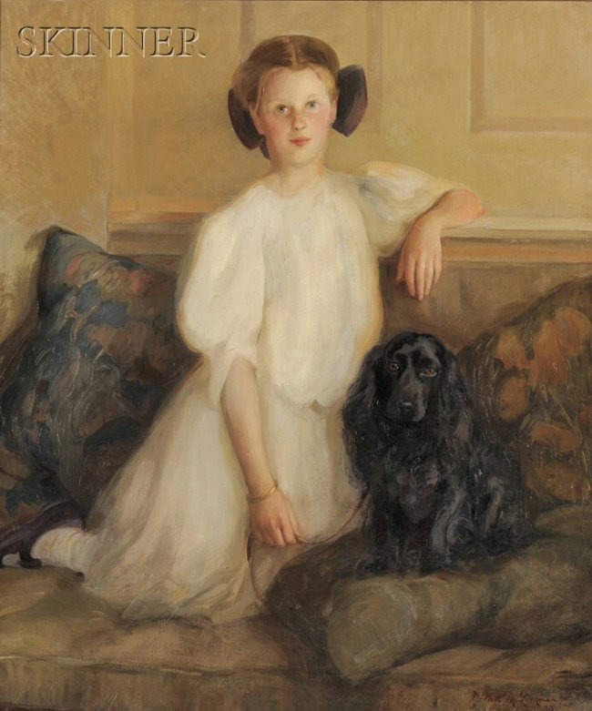 DeWitt McClellan Lockman (American, 1870-1957) Por: DeWitt McClellan Lockman (American, 1870-1957) Portrait of Miss Naomi Andrews, Age 12, and her Spaniel Signed and dated "DeWitt M. Lockman/07" l.r. Oil on canvas, 40 3/4 x 34 in. (103.5 x 86.4 cm), fr