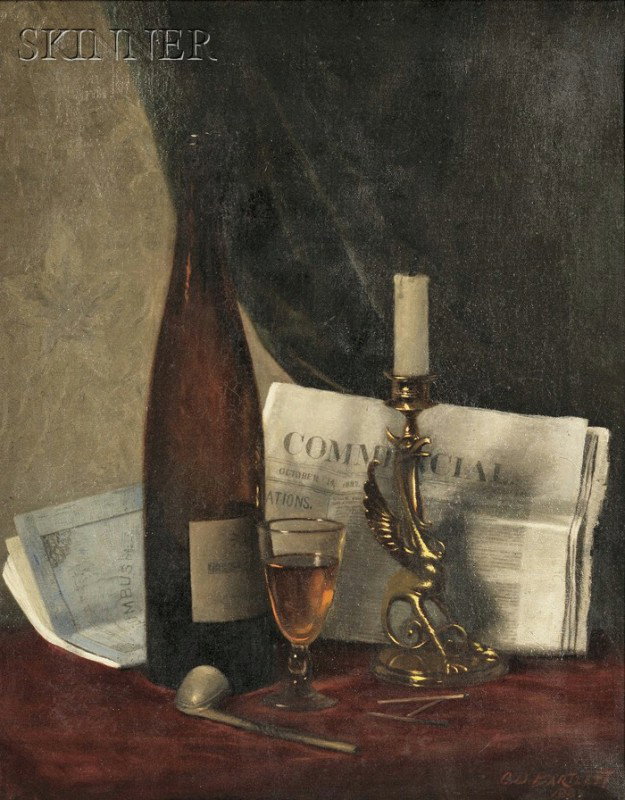 Clarence Drew Bartlett (American, b. 1860) Still L: Clarence Drew Bartlett (American, b. 1860) Still Life with Newspaper, Candle, Pipe, and Wine Glass Signed and dated "C.D. Bartlett/188..." l.r. Oil on canvas, 20 1/8 x 16 1/8 in. (51.0 x 41.0 cm), fra