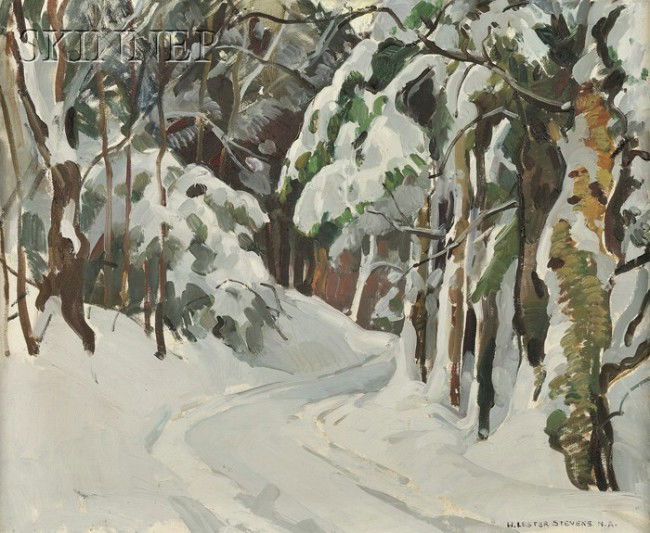 William Lester Stevens (American, 1888-1969) Path: William Lester Stevens (American, 1888-1969) Path through the Trees in Winter Signed "W. LESTER STEVENS N.A." l.r. Oil on canvas, 25 x 30 in. (63.5 x 76.2 cm), framed. Condition: Minor surface grime.
