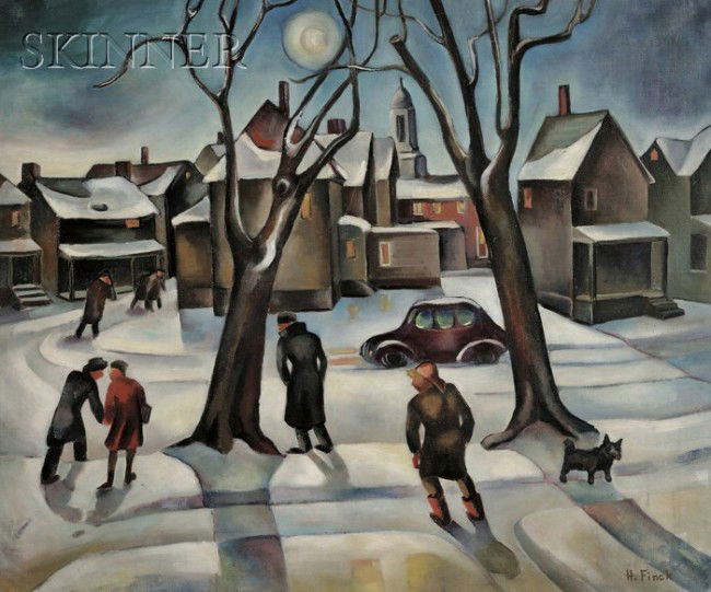 Hazel Finck (American, 1894-1977) Elmer Street Shi: Hazel Finck (American, 1894-1977) Elmer Street Shivers to Work Signed "H. Finck" l.r., titled in pencil on the stretcher; titled, inscribed, and dated "...1942..." on a label affixed to the st