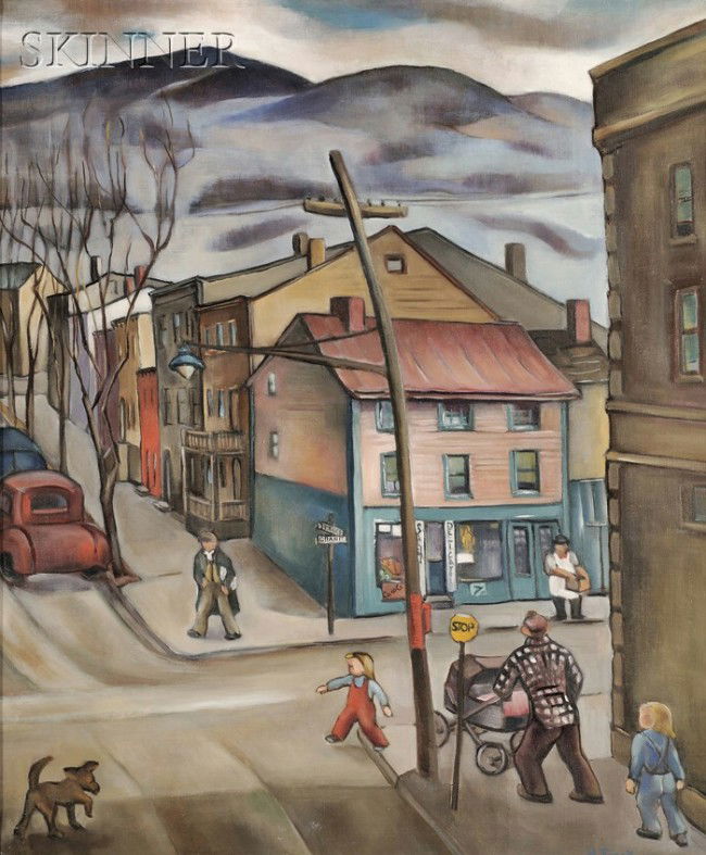 Hazel Finck (American, 1894-1977) Old Houses, Patt: Hazel Finck (American, 1894-1977) Old Houses, Patterson Signed "H. Finck" l.r., signed and titled "...Hazel Finck/Westfield, N.J-" in pencil on the stretcher, titled and dated "1947" on a labe