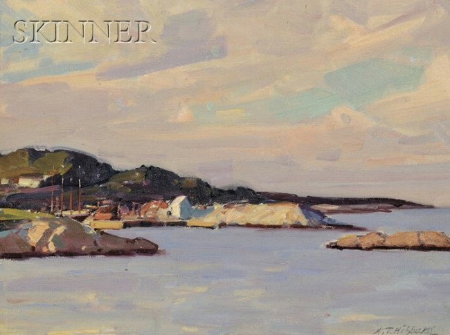 Aldro Thompson Hibbard (American, 1886-1972) View : Aldro Thompson Hibbard (American, 1886-1972) View of Fishing Shacks on the Coast Signed "A.T. Hibbard" in pencil l.r. Oil on canvasboard, 12 x 16 in. (30.5 x 40.6 cm), in an Arts and Crafts style fram