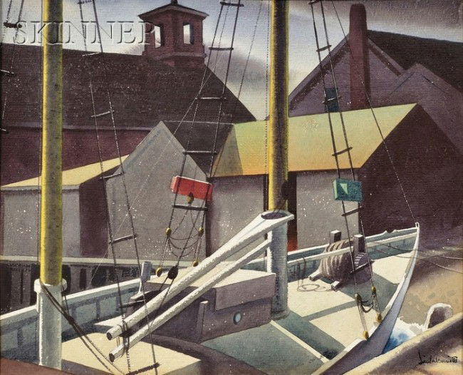 Sandor Bernath (American, 1892-1984) Dockside View: Sandor Bernath (American, 1892-1984) Dockside View Signed "Sandor Bernath" l.r. Watercolor on paper, sheet size 13 3/4 x 16 7/8 in. (34.8 x 42.8 cm), framed. Condition: Sheet mounted to paperboard, ac