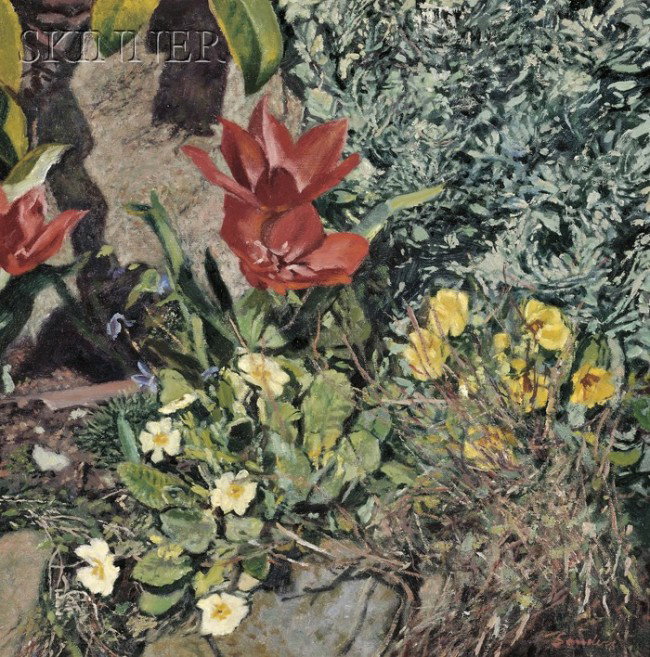 Christopher Sanders (British, 1905-1991) Garden wi: Christopher Sanders (British, 1905-1991) Garden with Tulips and Primroses Signed "Sanders" l.r., signed or inscribed "C Sanders" in pencil on the reverse on the tacking edge u.r. Oil on canvas, 15 x 1