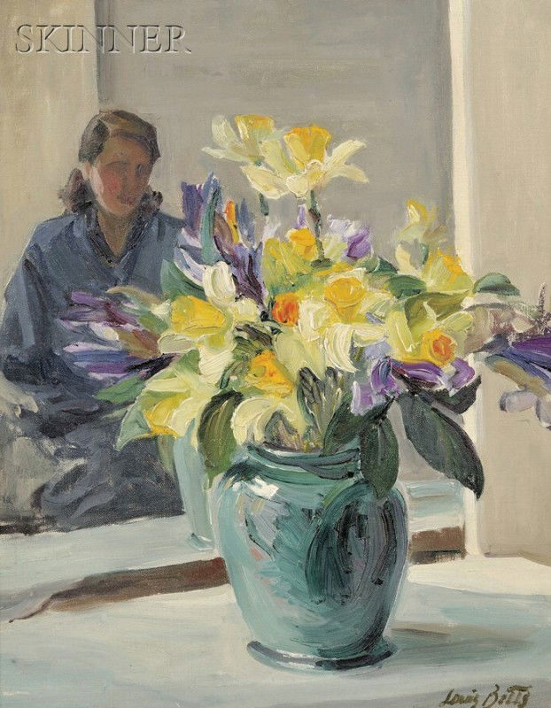 Louis Betts (American, 1873-1961) Still Life with: Louis Betts (American, 1873-1961) Still Life with Daffodils and Figure Signed "Louis Betts" l.r. Oil on canvas, 20 x 16 in. (50.8 x 40.6 cm), framed. Condition: Lined. Provenance: Skinner Inc., Ma