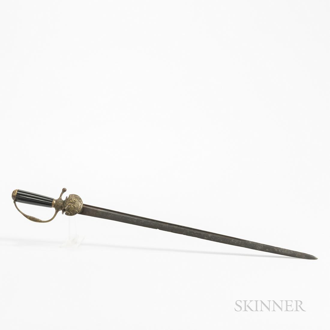 European Cuttoe/Hunting Sword: European Cuttoe/Hunting Sword, c. 1750-60, brass hilt with molded and chased classical figures on the shell guard and knuckle bow, domed pommel cap, reeded ebony grip; straight single-edge blade with 