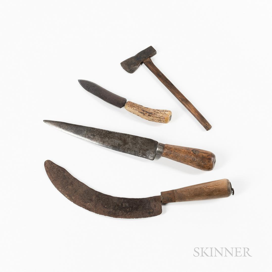 Three Knives and a "Rifleman's" Axe: Three Knives and a "Rifleman's" Axe, 18th/early 19th century, including a knife with a deeply curved blade and turned wood handle; a knife with a straight triangular blade and turned wood handle; a kn