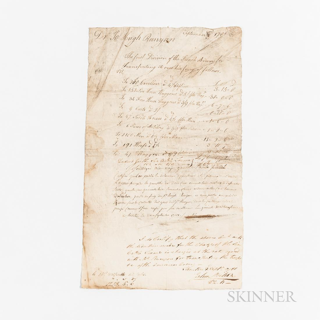 Invoice for the Transporting of the First Division of: Invoice for the Transporting of the First Division of the French Army Across Runyan's Ferry, September 2, 1780, with an itemized list of the number of men, artillery pieces, wagons, carts, and horses 