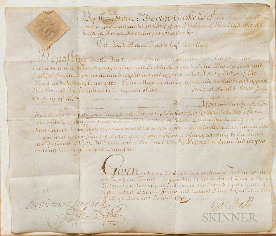 Captain Jacob Ruston Jr's Manuscript Commission: Captain Jacob Ruston Jr's Manuscript Commission, dated Fort George, New York, May 10, 1740, written on velum, appointing Jacob Ruston Junior Captain of the Troop of Militia Horse for the County of Uls