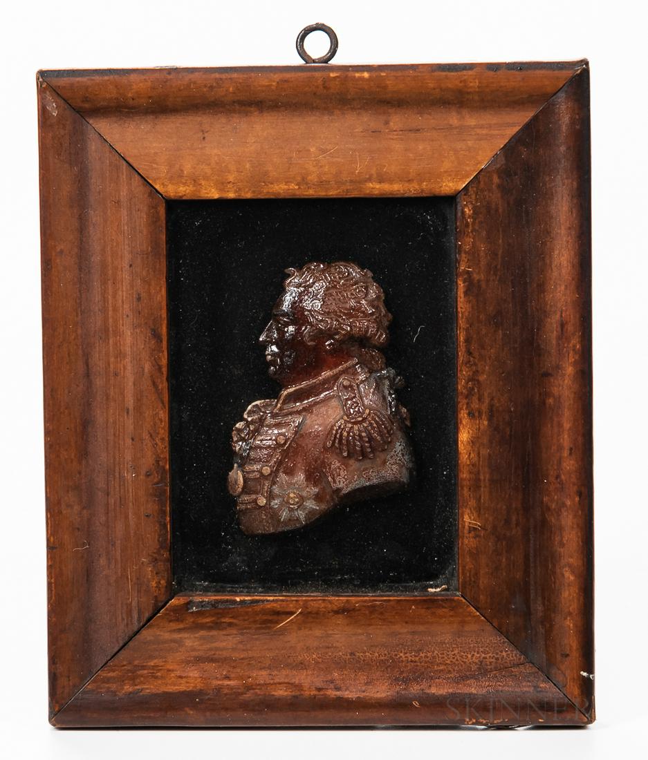 Wax Profile Portrait of King George III: Wax Profile Portrait of King George III, England, early 19th century, the bust facing to the left, indistinct signature below shoulder, mounted in a shadowbox frame, ht. 6 3/4, wd. 5 1/2 in.