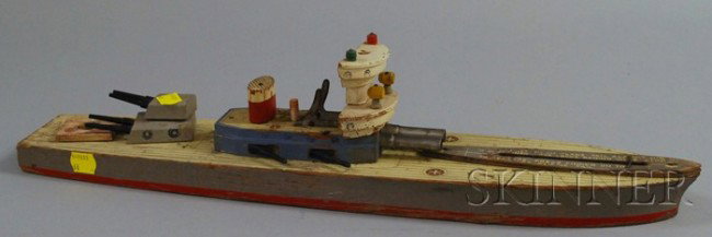 Wooden Keystone Battleship Toy Boat and Two Horse R: Wooden Keystone Battleship Toy Boat and Two Horse Racing Board Games, c. mid-20th century, gray and white boat with red and blue trim, (lacking plane), lg. 20 1/2, a Marks Bros. "Belmont Park" no. 912