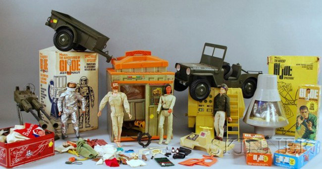 Large Group of Hasbro G.I. Joe Action Figures and A: Large Group of Hasbro G.I. Joe Action Figures and Accessories, including three in original boxes: "Adventurer" no. 7404, "Air Adventurer" no. 7403, and "Man of Action" no. 7500; a five-star general ac