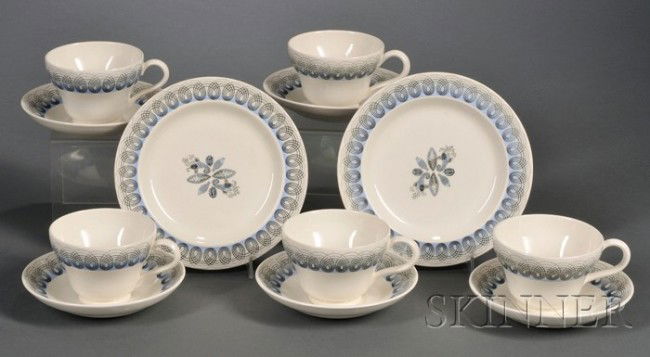 Seven Wedgwood Eric Ravilious Designed Items, Engla: Seven Wedgwood Eric Ravilious Designed Items, England, c. 1961, black and blue printed in the Persephone pattern, including five cups and saucers; and two plates, dia. 6 7/8 in.; printed and impressed