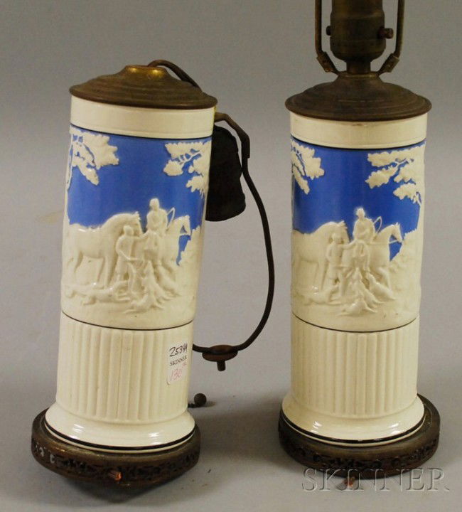 Pair of Wedgwood Queen's Ware Dye Ken John Peel Pa: Pair of Wedgwood Queen's Ware Dye Ken John Peel Pattern Vase/Table Lamps, (drilled).