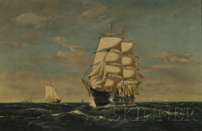 J.F. Williams (American, 19th Century), View of a : J.F. Williams (American, 19th Century) View of a Three-Masted Clipper Ship Signed and dated "JF Williams. '79" l.r. Oil on canvas mounted to board, 24 x 36 in., framed. Condition: Abrasions, minor los