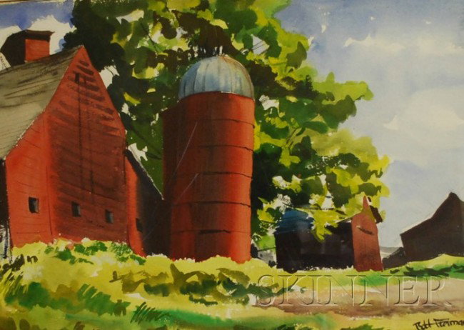 Robert J. Freiman (American, 1917-1991) Two-sided : Robert J. Freiman (American, 1917-1991) Two-sided Watercolor: Red Barn Near Hunn's Lake and Chinatown Street. Barn signed and dated "Robt Freiman '49" l.r., titled