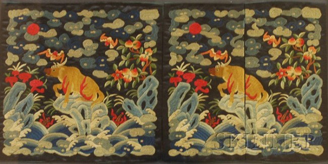 Framed Rank Badges/Mandarin Squares, depicting a h: Framed Rank Badges/Mandarin Squares, depicting a horned animal, bats, and flowers, ht. 10 1/2, wd. 11 in.