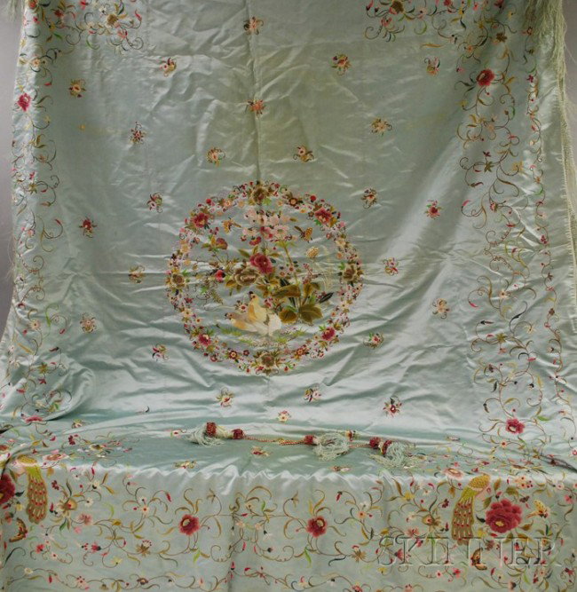 Chinese Silk Embroidered Bed Coverlet and Three Ta: Chinese Silk Embroidered Bed Coverlet and Three Tassels, c. 1900, with silk fringe, lg. 96, wd. 70 in.