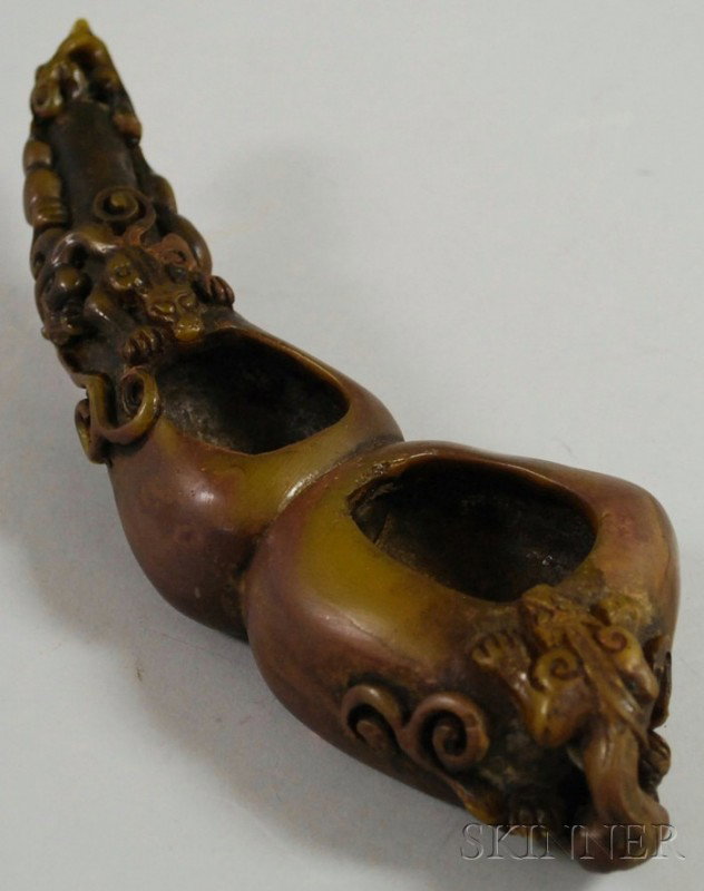 Chinese Buffalo Horn Carved Pen Washer, c. late 19: Chinese Buffalo Horn Carved Pen Washer, c. late 19th century, with carved mythical beasts on edge of each opening, lg. 9 in.