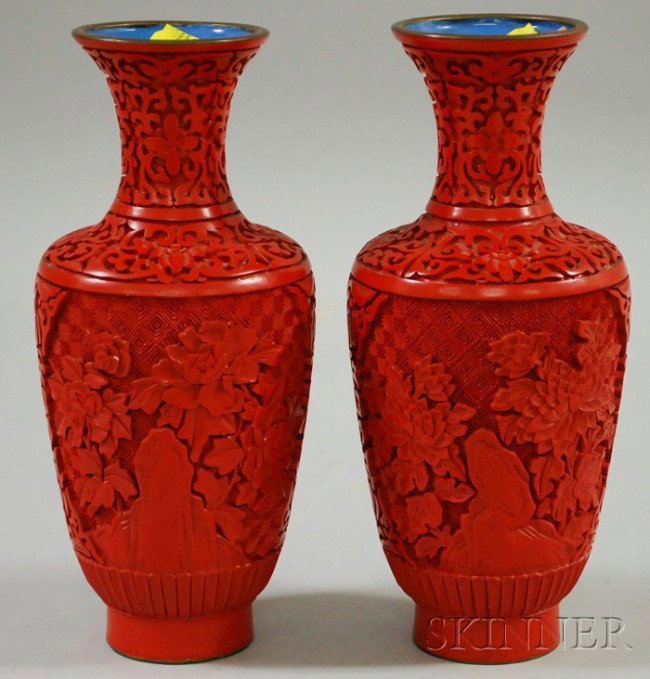 Pair of Asian Cinnabar Vases, c. 20th century, ht.: Pair of Asian Cinnabar Vases, c. 20th century, ht. 9 1/4 in.