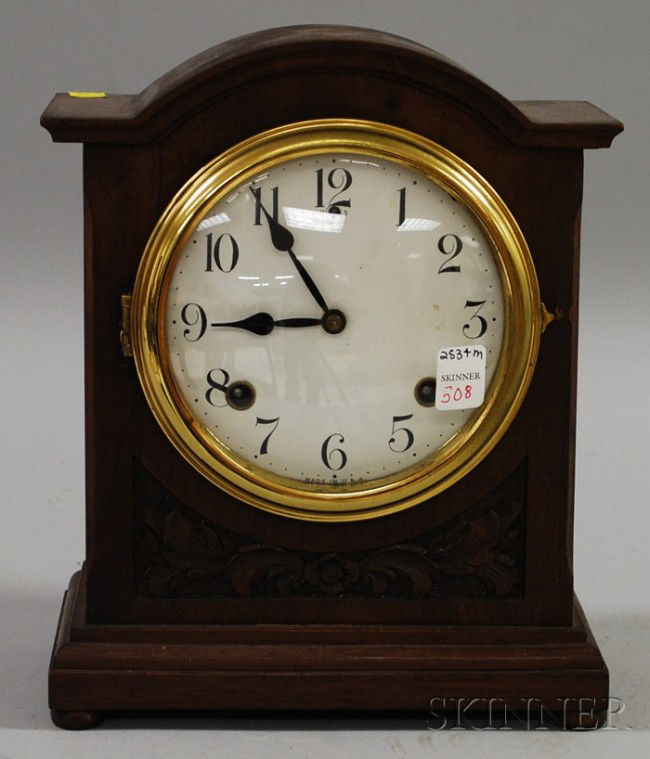 Mantel Clock by Seth Thomas, white enamel dial wit: Mantel Clock by Seth Thomas, white enamel dial with Arabic numerals and eight-day time and strike movement, ht. 12 in.