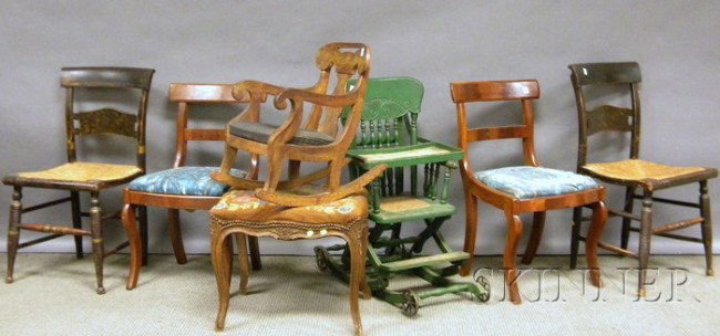 Twelve Pieces of Assorted 19th Century Seating, a : Twelve Pieces of Assorted 19th Century Seating, a set of six painted and stencil-decorated fancy side chairs, a child's Empire mahogany armchair, a Louis XV-style stool, a green-painted Victorian conv