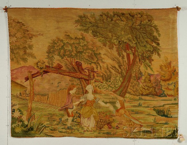 Gros and Petit Point Needlework Wall Hanging, earl: Gros and Petit Point Needlework Wall Hanging, early 20th century, rectangular, depicting two young gentlemen competing for the affections of a lady in a garden, 63 1/2 x 49 in.