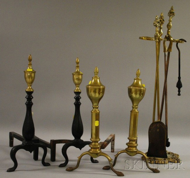 Two Pairs of Brass Urn-top and Cast Iron Andirons,: Two Pairs of Brass Urn-top and Cast Iron Andirons, a Rococo Revival Cast Brass Tool Stand, and a Pair of Tools, andiron ht. 17 1/4 and 19 in.
