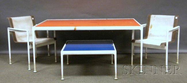 Ten Pieces of Painted Metal Outdoor Furniture Desi: Ten Pieces of Painted Metal Outdoor Furniture Designed by Richard Schultz, for Knoll, including eight armchairs, an enameled-metal-top table, and a low table.