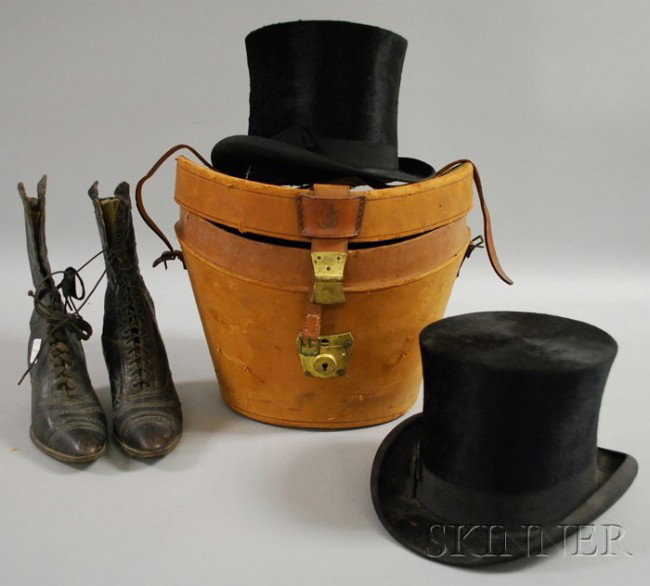 Two Men's Top Hats and a Pair of Lady's Black Leat: Two Men's Top Hats and a Pair of Lady's Black Leather High Lace Shoes, 19th/20th century, one top hat with leather case.