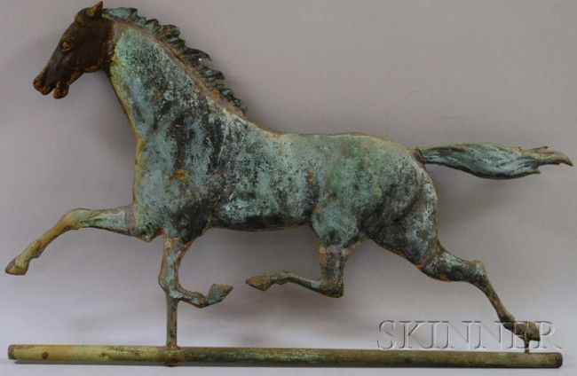Molded Copper Running Horse Weather Vane with Cast: Molded Copper Running Horse Weather Vane with Cast Iron Head, lg. 29 in.