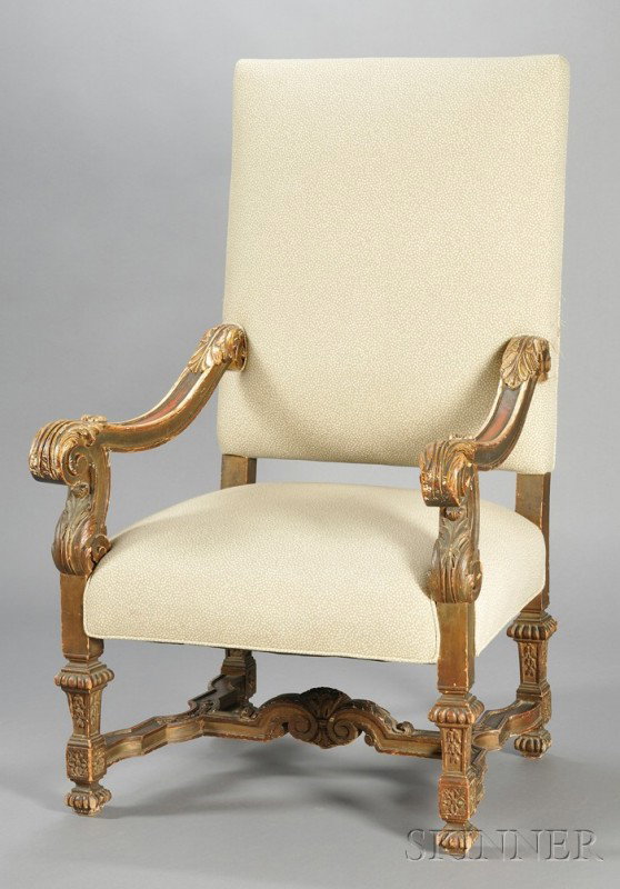 Continental Baroque-style Parcel-gilt "Throne Chai: Continental Baroque-style Parcel-gilt "Throne Chair," with faux shagreen upholstery, acanthus-carved arms and handholds and paneled legs joined by stretchers, seat ht. 18 1/2, wd. 21, dp. 22 in.