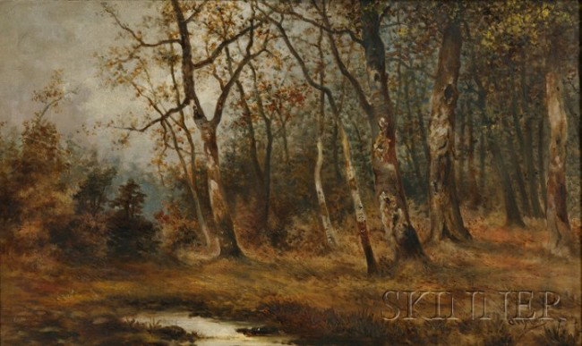 Arthur W. Moore (British/American, 1840-1913), Woo: Arthur W. Moore (British/American, 1840-1913) Wooded Grove in Autumn. Signed "AW Moore" l.r. Oil on canvas, 22 x 36 in., in a period frame. Condition: Surface grime.