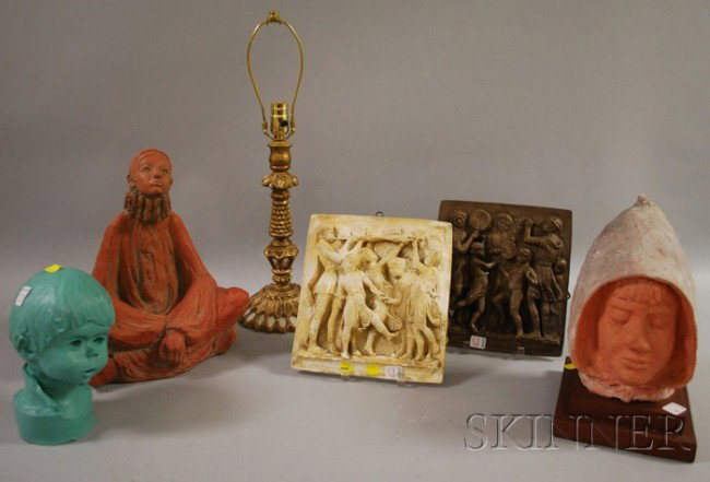 Two Caproni Bros. Classical Plaster Plaques and a: Two Caproni Bros. Classical Plaster Plaques and a Modern Sculpted Ceramic Figure, Two Busts, and an Italian Giltwood Table Lamp, the plaque ht. 10 1/2 and 10 3/4 in.