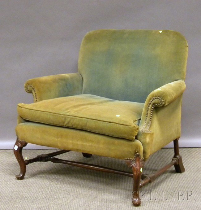 Diminutive Queen Anne-style Upholstered Carved Mah: Diminutive Queen Anne-style Upholstered Carved Mahogany Settee, ht. 37, lg. 42 in.