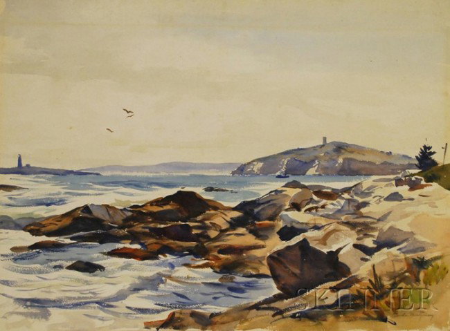 Claude Montgomery Watercolor on Artist Panel Shore: Claude Montgomery Watercolor on Artist Panel Shore View, signed l.r., unframed, 22 1/2 x 30 1/2 in.