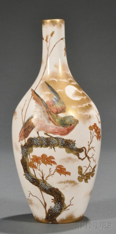 German Aesthetic Movement Earthenware Vase, Franz: German Aesthetic Movement Earthenware Vase, Franz Anton Mehlam Earthenware Factory, late 19th century, bottle-shaped, enamel-decorated to front with small parakeet on a branch with the moon in gold be