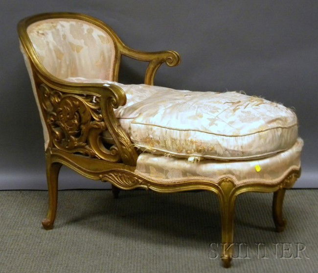 Child's Louis XV-style Damask Upholstered Carved G: Child's Louis XV-style Damask Upholstered Carved Giltwood Chaise Longue, approx. ht. 30, lg. 39, wd. 20 in.