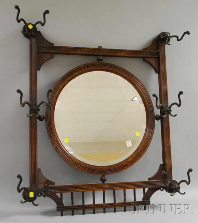 Paine Furniture Late Victorian Oak and Mirrored Wa: Paine Furniture Late Victorian Oak and Mirrored Wall Hat/Coat Rack.