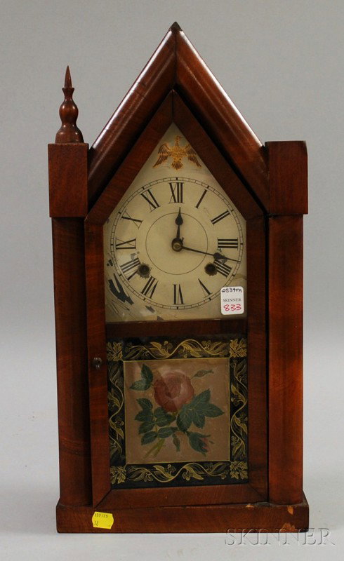 Mahogany Steeple Clock by Ansonia, Brooklyn, New Y: Mahogany Steeple Clock by Ansonia, Brooklyn, New York, with zinc Roman numeral dial, transfer printed tablet and eight-day time and strike movement, (missing spire and case needs re-gluing), ht. 20 in