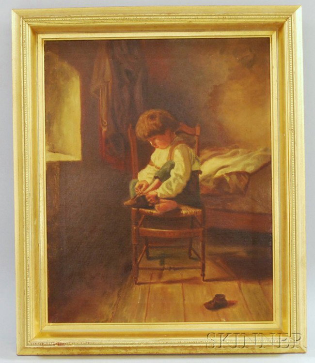 Continental School, 19th Century Young Boy Learnin: Continental School, 19th Century Young Boy Learning to Tie His Shoes. Unsigned. Oil on canvas, framed, sight size 19 1/4 x 15 1/2 in. Condition: Surface grime, minor surface abrasions.