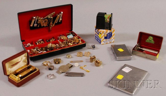 Lot of Vintage Men's Jewelry, Shaving Items, and A: Lot of Vintage Men's Jewelry, Shaving Items, and Accessories, including tie clips, cuff links, buttons, an English cigarette case, a lighter, cased Gillette "Aristocrat" razor, Ever-Ready razor, and C