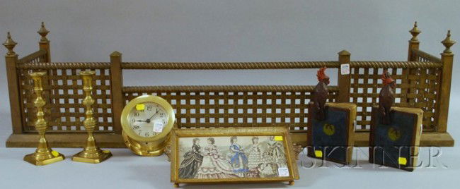 Group of Assorted Decorative Metal and Brass Items: Group of Assorted Decorative Metal and Brass Items, a pair of Pompeian Bronze painted copper-clad cockatoo on "Atlas the World" bookends, a Seth Thomas brass ship's clock, a pair of Rostand brass cand